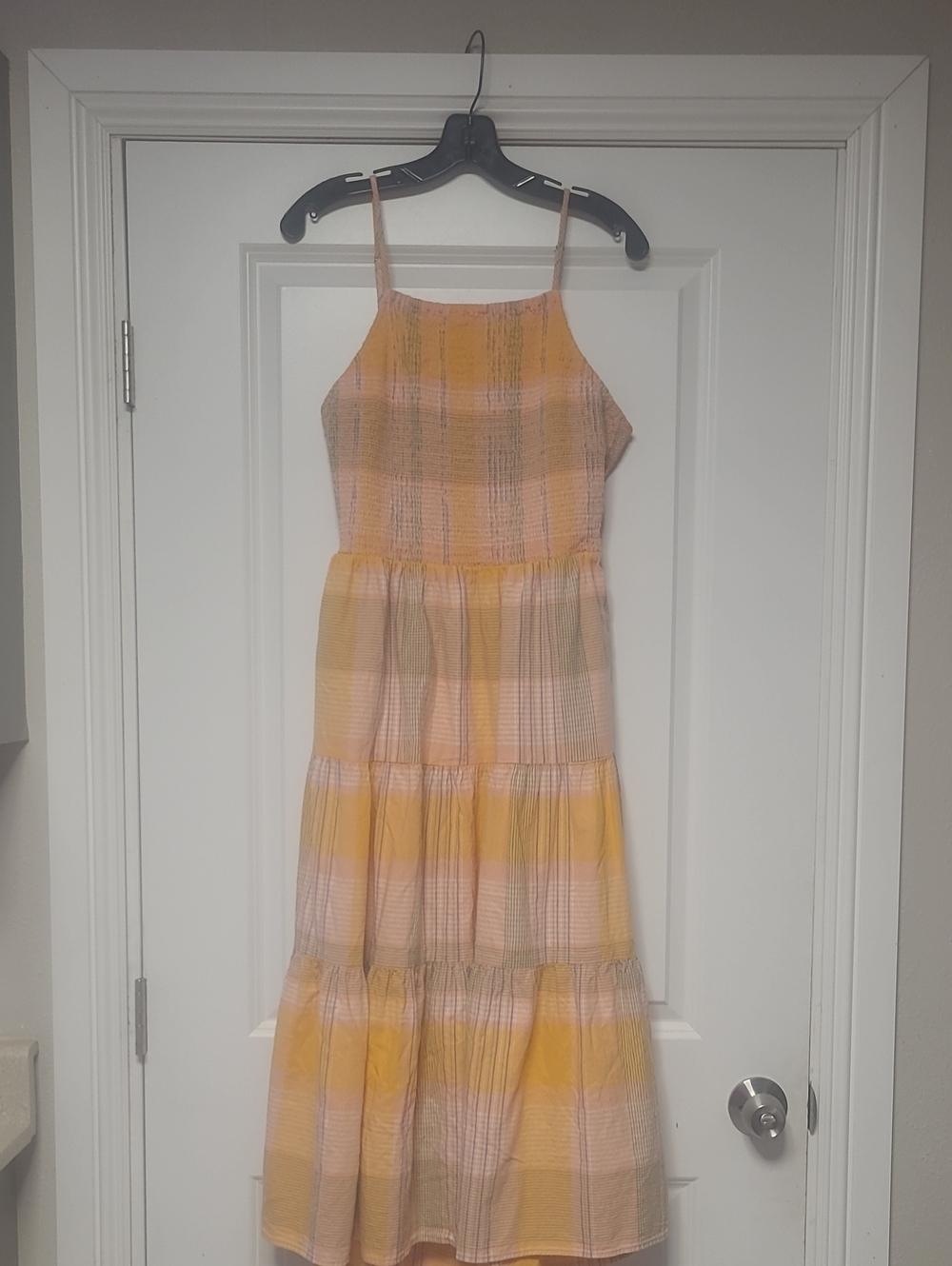 Yellow & Orange Plaid Tiered Maxi Dress
